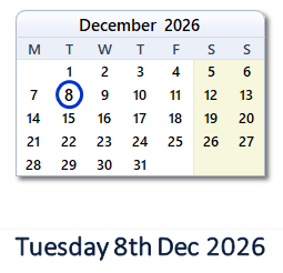 8 December 2026 calendar