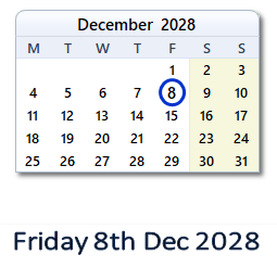 8 December 2028 calendar