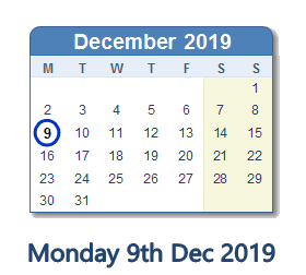 9 December 2019 calendar