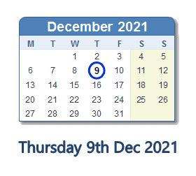 9 December 2021 calendar
