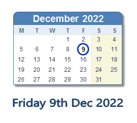 9 December 2022 calendar