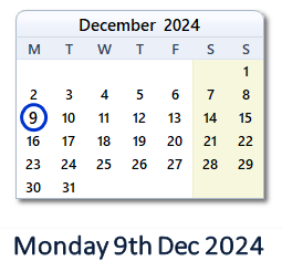 9 December 2024 calendar
