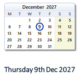 9 December 2027 calendar