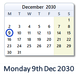 9 December 2030 calendar