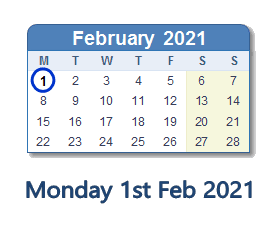 1 February 2021 calendar