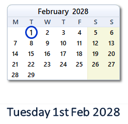 1 February 2028 calendar