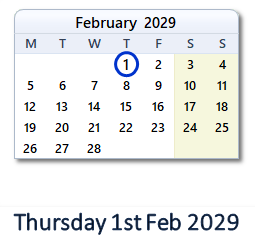 1 February 2029 calendar