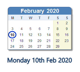 10 February 2020 calendar