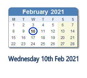 10 February 2021 calendar