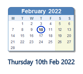 10 February 2022 calendar