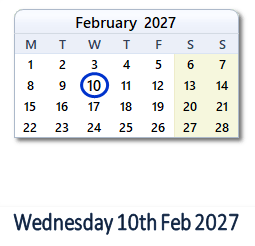 10 February 2027 calendar