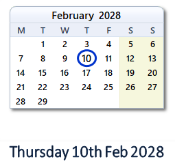 10 February 2028 calendar