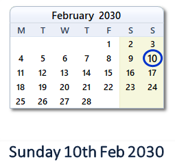 10 February 2030 calendar