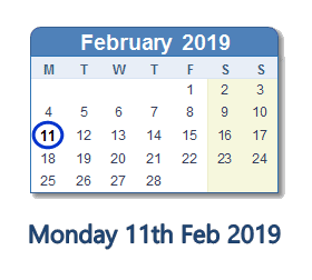 11 February 2019 calendar