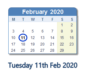 11 February 2020 calendar