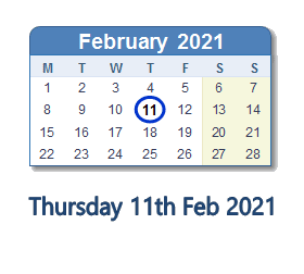11 February 2021 calendar
