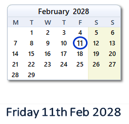 11 February 2028 calendar