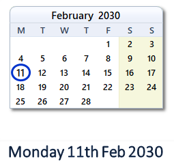 11 February 2030 calendar