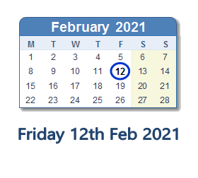 12 February 2021 calendar