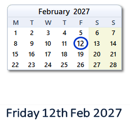 12 February 2027 calendar