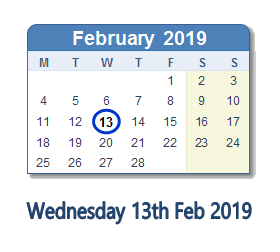 13 February 2019 calendar