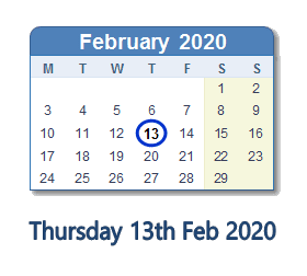 13 February 2020 calendar
