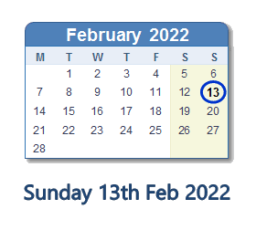 13 February 2022 calendar