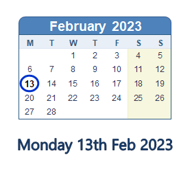 13 February 2023 calendar