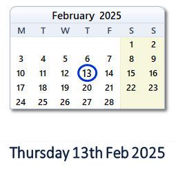 13 February 2025 calendar