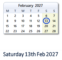 13 February 2027 calendar