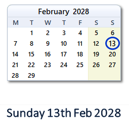 13 February 2028 calendar