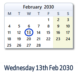 13 February 2030 calendar