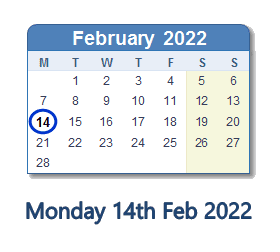 14 February 2022 calendar