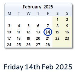 14 February 2025 calendar
