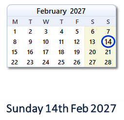 14 February 2027 calendar