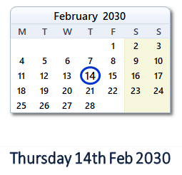 14 February 2030 calendar
