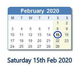 15 February 2020 calendar