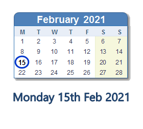 15 February 2021 calendar