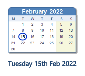 15 February 2022 calendar