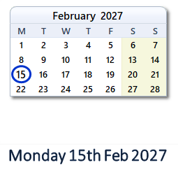 15 February 2027 calendar