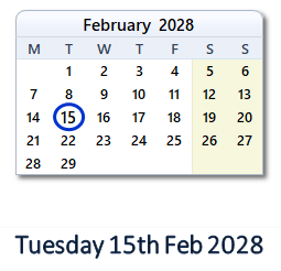 15 February 2028 calendar
