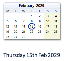 15 February 2029 calendar