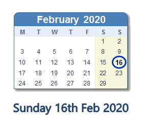 16 February 2020 calendar
