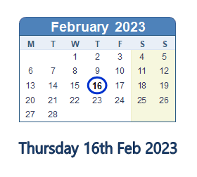 16 February 2023 calendar