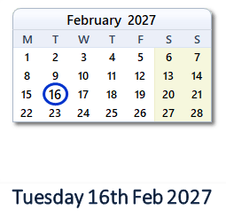 16 February 2027 calendar