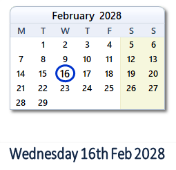 16 February 2028 calendar