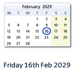 16 February 2029 calendar