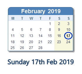 17 February 2019 calendar