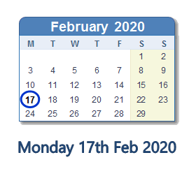 17 February 2020 calendar
