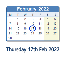 17 February 2022 calendar